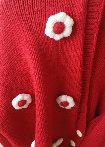 Kırmızı Örgü Çiçek Detaylı Bohem Kadın Hırka - Görsel 3