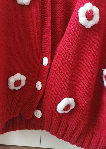 Kırmızı Örgü Çiçek Detaylı Bohem Kadın Hırka - Görsel 4