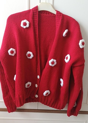 Kırmızı Örgü Çiçek Detaylı Bohem Kadın Hırka - Görsel 2