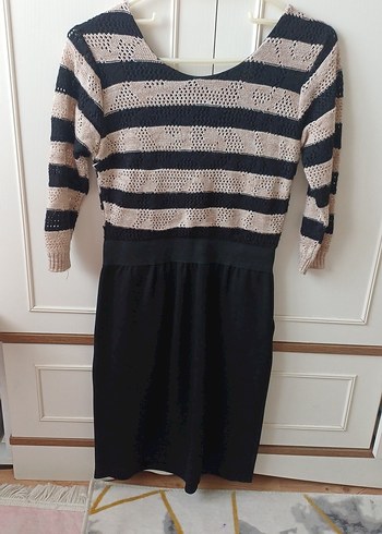 Çizgili V Yaka Triko Midi Elbise - Görsel 6