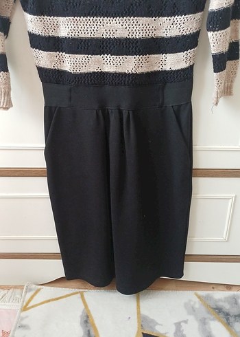 Çizgili V Yaka Triko Midi Elbise - Görsel 4