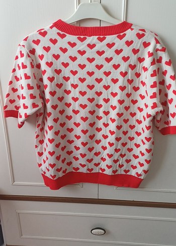 Kırmızı Kalp Desenli Kısa Kollu Triko - Görsel 4