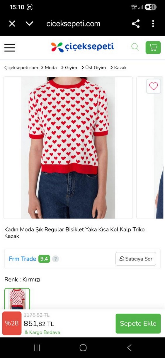 Kırmızı Kalp Desenli Kısa Kollu Triko - Görsel 5