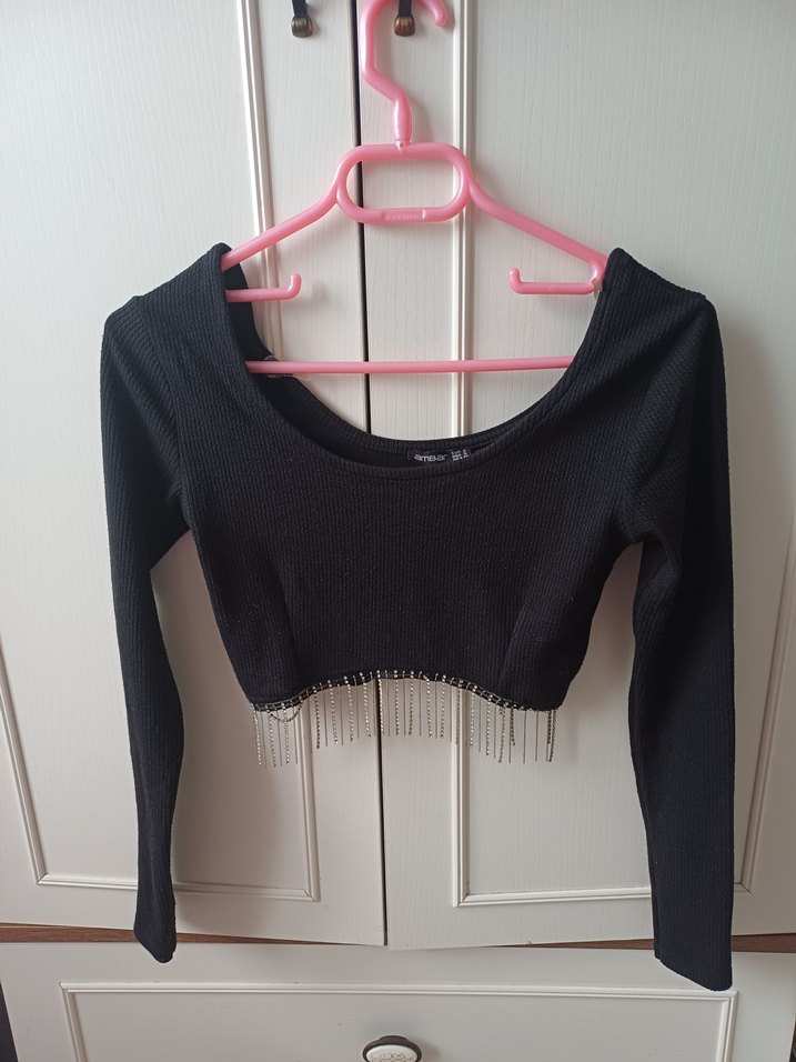 Püsküllü Siyah Uzun Kollu Triko Bluz - Görsel 3