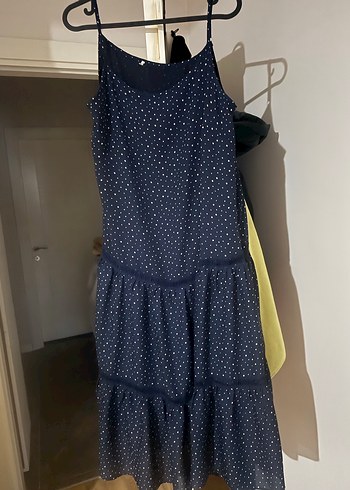 Lacivert Puantiyeli Askılı Midi Elbise - Görsel 3