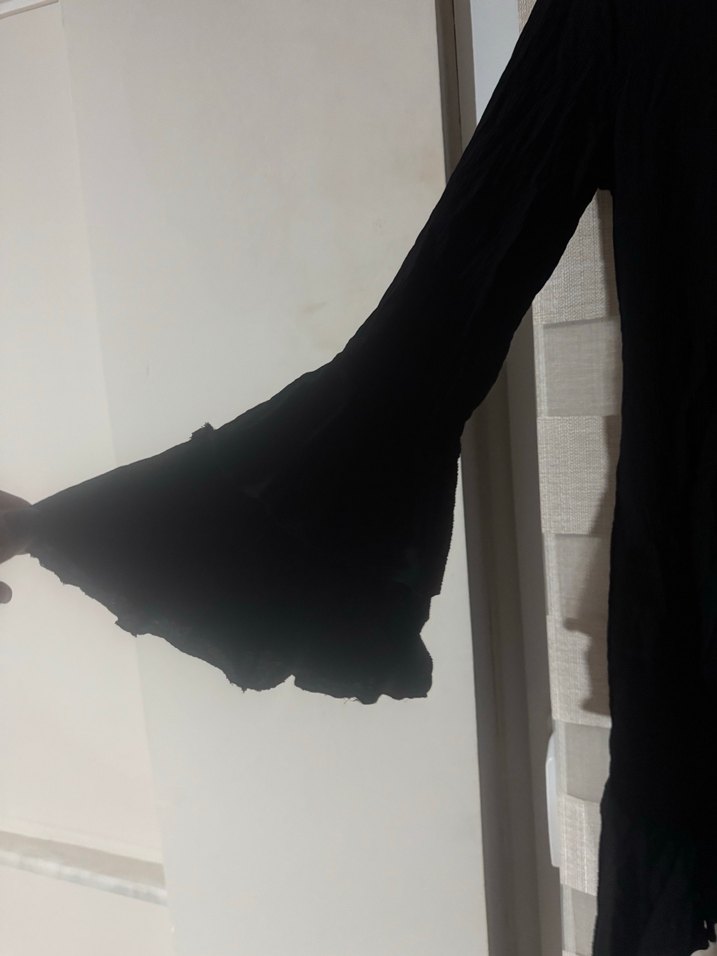 Uzun Kollu Siyah Keten elbise - Görsel 2