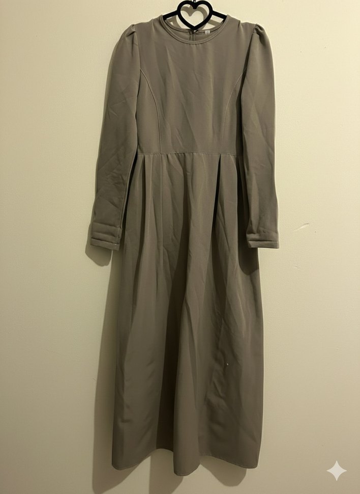 Bej Uzun Keten Elbise, Yüksek Yakalı, Salaş - Görsel 2