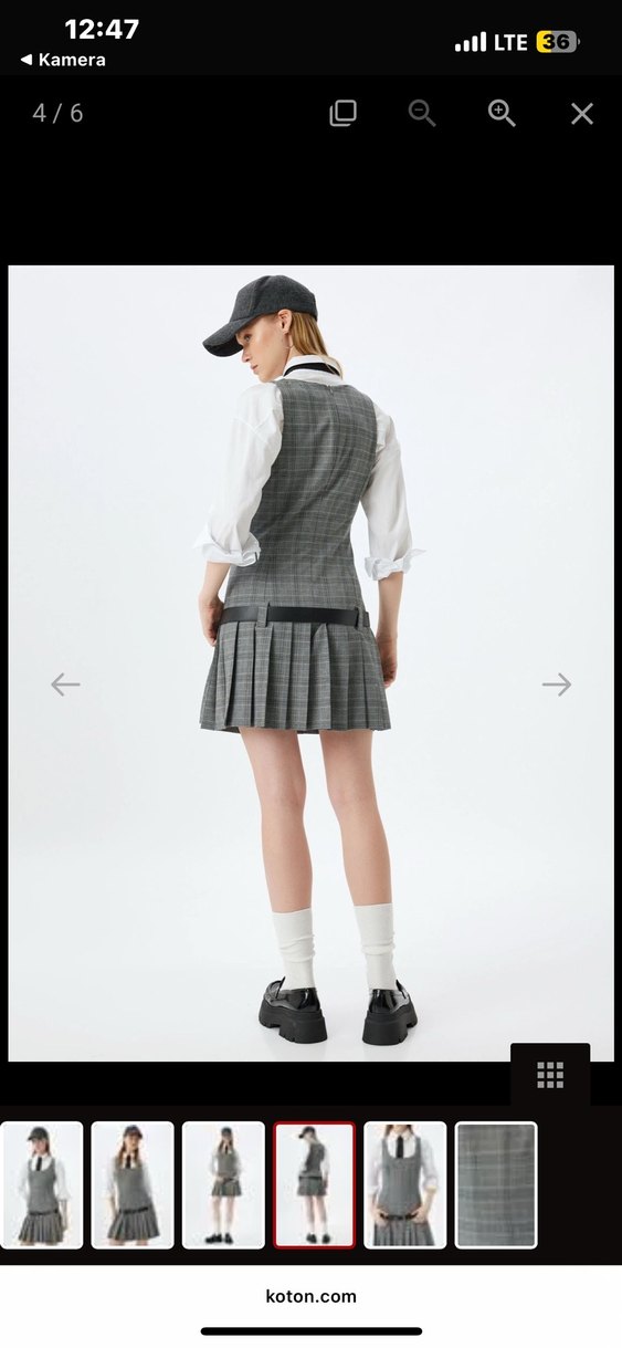 Gri Kareli Kemerli Mini Elbise - Görsel 2