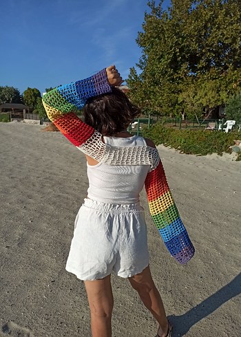 Tasarımcı Gökkuşağı Renkli Örgü Mini bolero