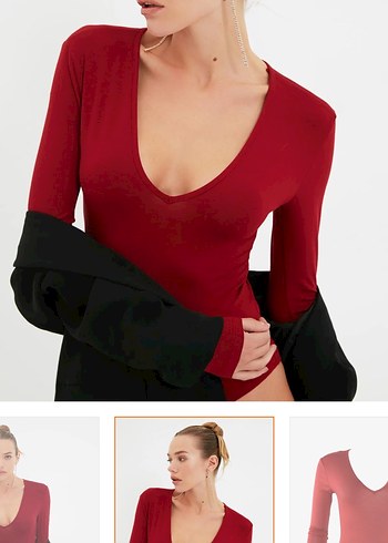 Trendyol & Milla Kirmizi Derin V Yaka Uzun Kollu Bodysuit