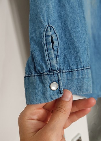 xl Beden Taşlı Yakalı Mavi Denim Kadın Gömlek