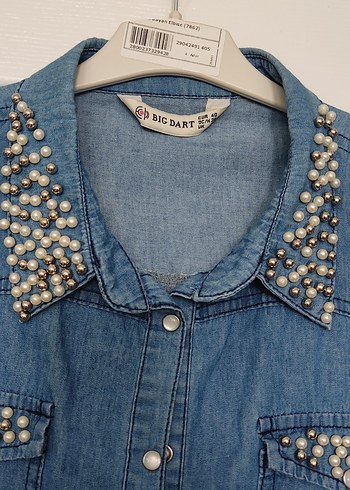 Diğer Taşlı Yakalı Mavi Denim Kadın Gömlek