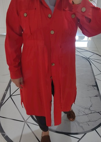 xl Beden Kırmızı Düğmeli Uzun ceket tunik