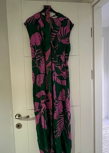 Mango Tropik Desenli Pembe Yesil Uzun Elbise