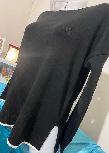 l Beden siyah Renk Beyaz Oversize Triko Kadın Kazak