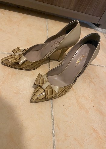 Bej Yılan Desenli Fiyonklu Stiletto - Görsel 3