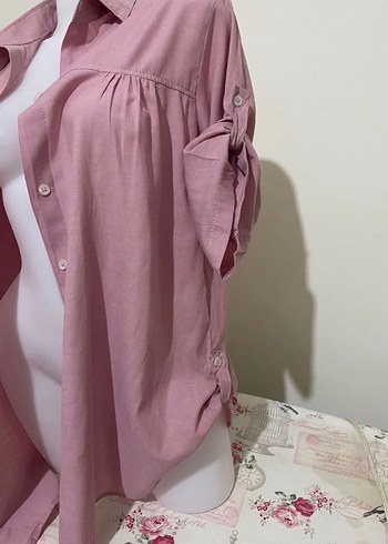 Pembe Keten Düğmeli Salaş Gömlek - Görsel 3