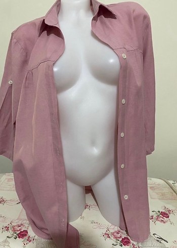 Pembe Keten Düğmeli Salaş Gömlek - Görsel 2