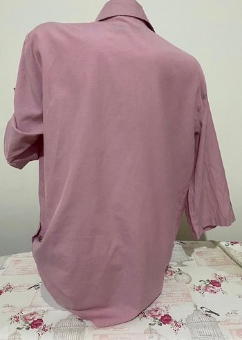 Pembe Keten Düğmeli Salaş Gömlek - Görsel 4