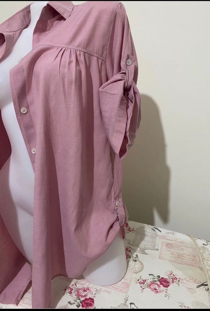 Pembe Keten Düğmeli Salaş Gömlek - Görsel 3