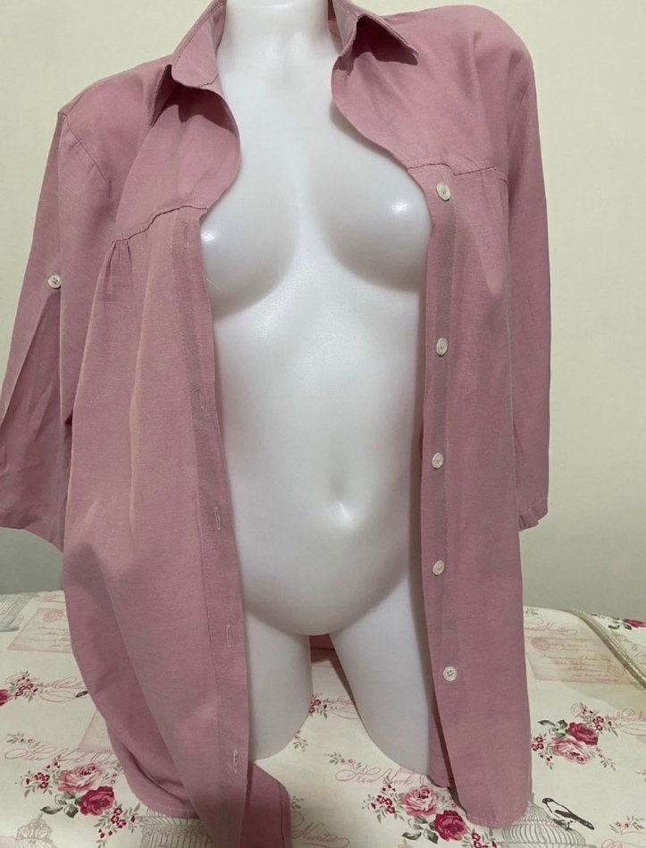 Pembe Keten Düğmeli Salaş Gömlek - Görsel 2