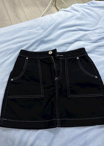 Düğmeli Siyah Denim Mini Etek