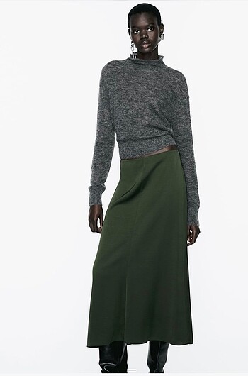 xs Beden haki Renk Zara saten midi etek