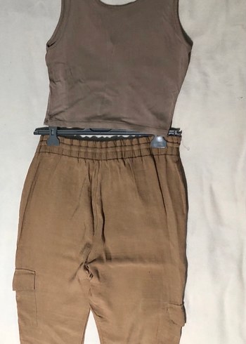Zara Kadın Kahverengi Pamuklu Rahat Kesim Pantolon ve crop S-M beden
