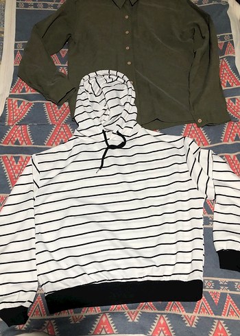 xxl Beden Çizgili kapüşonlu Kadın Sweatshirt ve gömlek