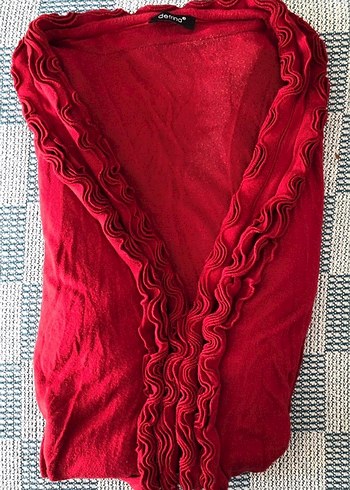 Kırmızı Fırfırlı Uzun Kollu Kadın Hırka - Görsel 5