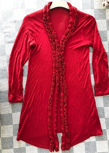 Kırmızı Fırfırlı Uzun Kollu Kadın Hırka - Görsel 2