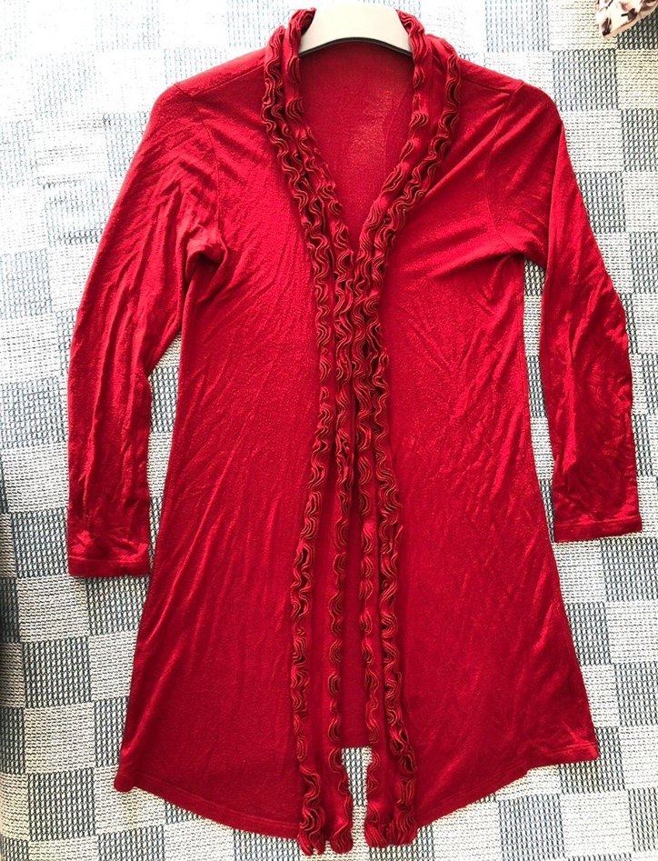 Kırmızı Fırfırlı Uzun Kollu Kadın Hırka - Görsel 2