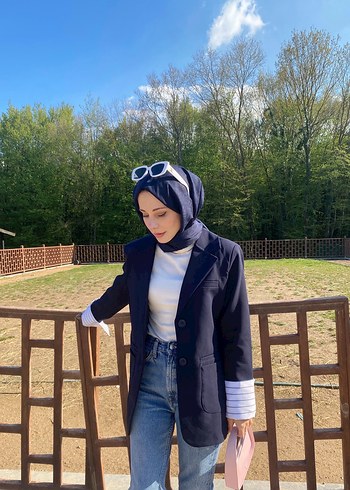 m Beden Navy Düğmeli Kadın Jean Blazer