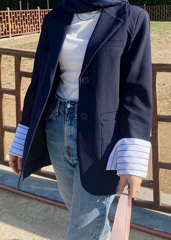 Navy Düğmeli Kadın Jean Blazer
