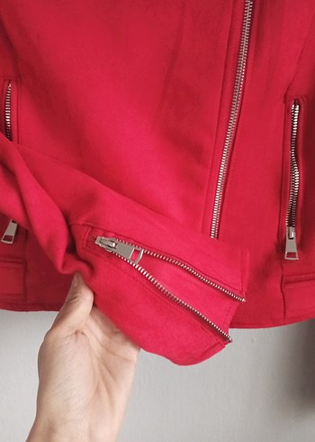 Kadın Parlak Kırmızı Fermuarlı Kadife Ceket - Görsel 7