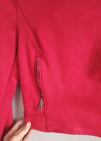 Kadın Parlak Kırmızı Fermuarlı Kadife Ceket - Görsel 5
