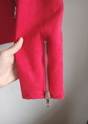 Kadın Parlak Kırmızı Fermuarlı Kadife Ceket - Görsel 6
