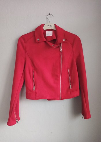 Kadın Parlak Kırmızı Fermuarlı Kadife Ceket - Görsel 2