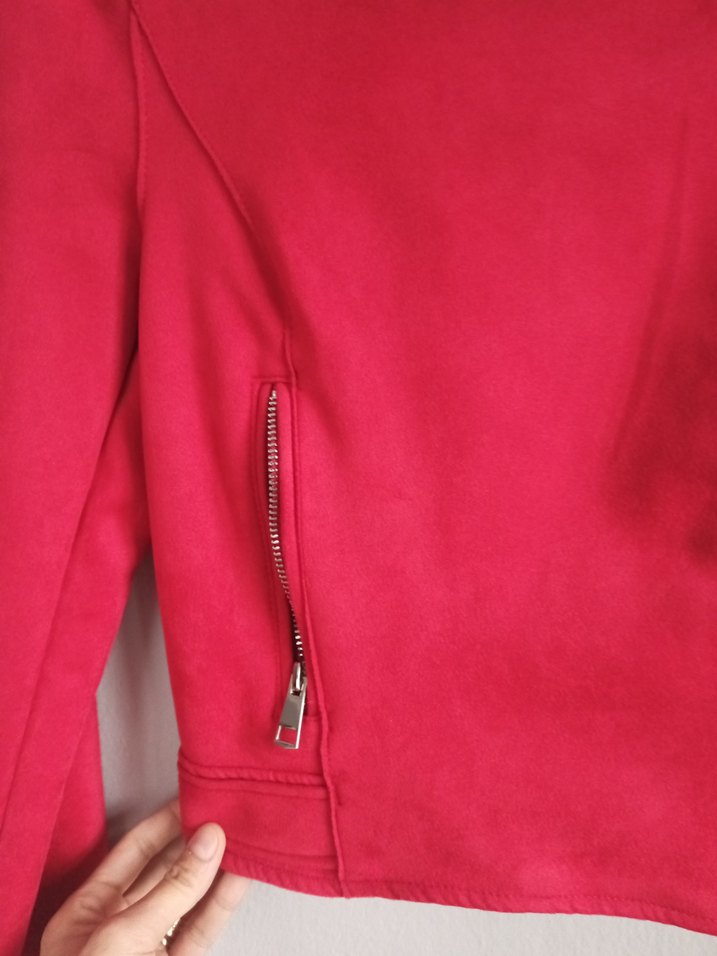 Kadın Parlak Kırmızı Fermuarlı Kadife Ceket - Görsel 5