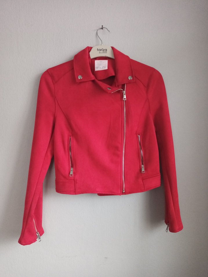 Kadın Parlak Kırmızı Fermuarlı Kadife Ceket - Görsel 2