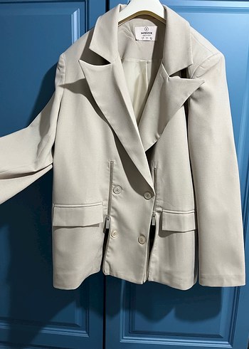 Bej Uzun Kesim Kadın Blazer Ceket - Görsel 3