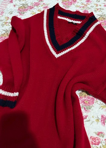 Kırmızı V Yaka Triko Kadın Kazak - Görsel 2