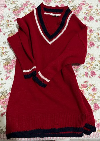 Kırmızı V Yaka Triko Kadın Kazak - Görsel 3