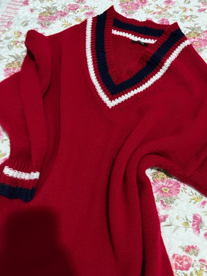 Kırmızı V Yaka Triko Kadın Kazak - Görsel 2
