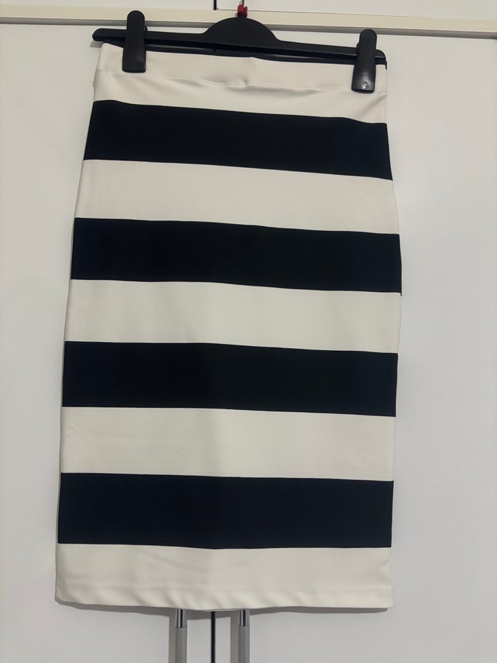 Kadın Siyah Beyaz Çizgili Midi Kalem Etek - Görsel 2