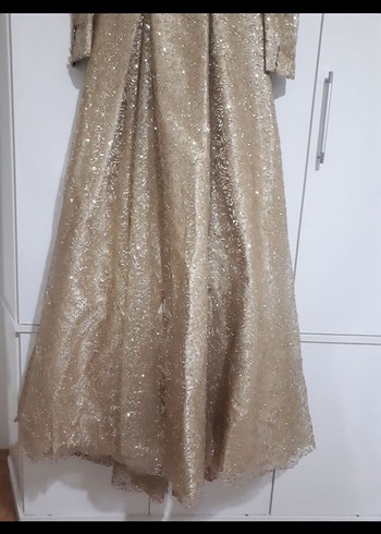 Bej Uzun Kollu Parlak Abiye Elbise - Görsel 5