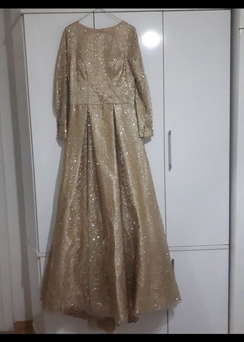 Bej Uzun Kollu Parlak Abiye Elbise - Görsel 4