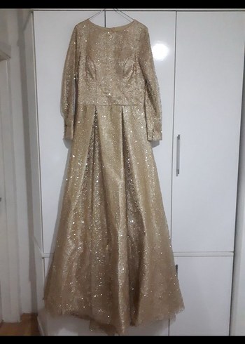 Bej Uzun Kollu Parlak Abiye Elbise - Görsel 2