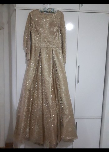 Bej Uzun Kollu Parlak Abiye Elbise - Görsel 3