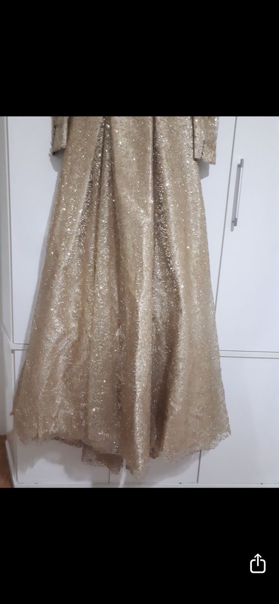 Bej Uzun Kollu Parlak Abiye Elbise - Görsel 5